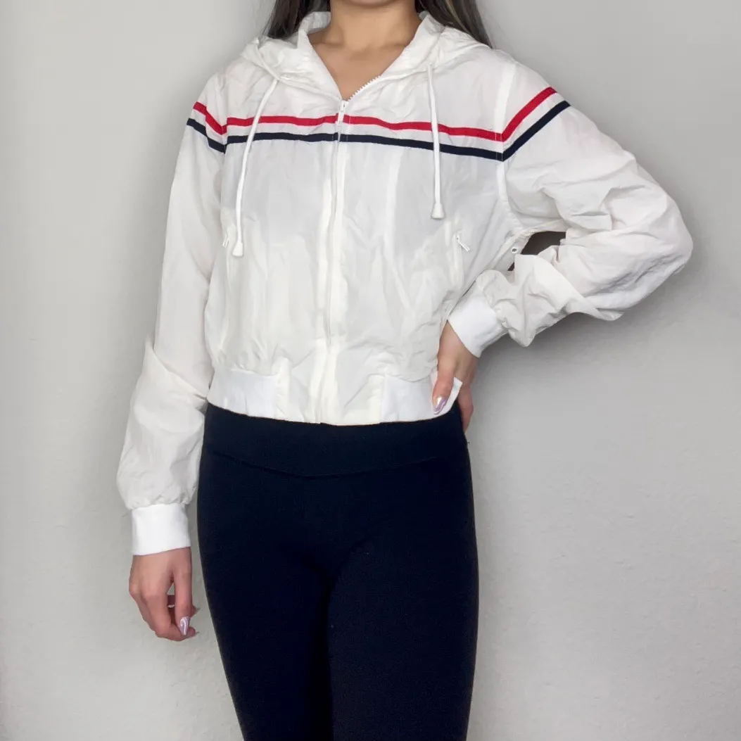 White Red & Blue Striped Windbreaker Zip-Up Hooded Drawstring Jacket - Image 4