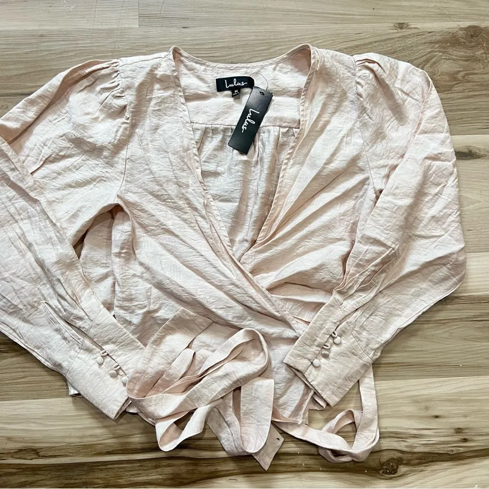 NEW Lulu’s Staying Sweet Pale Pink Long Sleeve Wrap Top Women’s Medium - Image 2