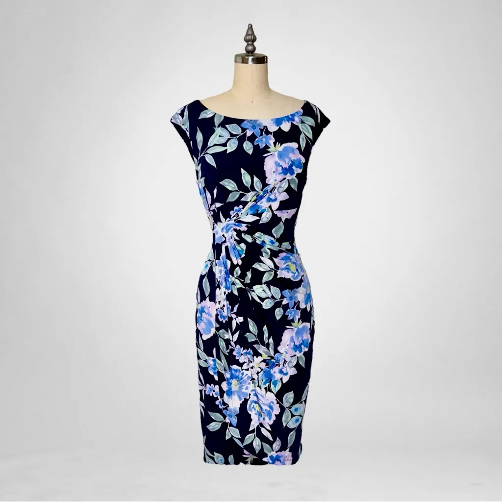 Connected Apparel Floral Ruched Sheath Dress Black Blue Size 8 - Image 11
