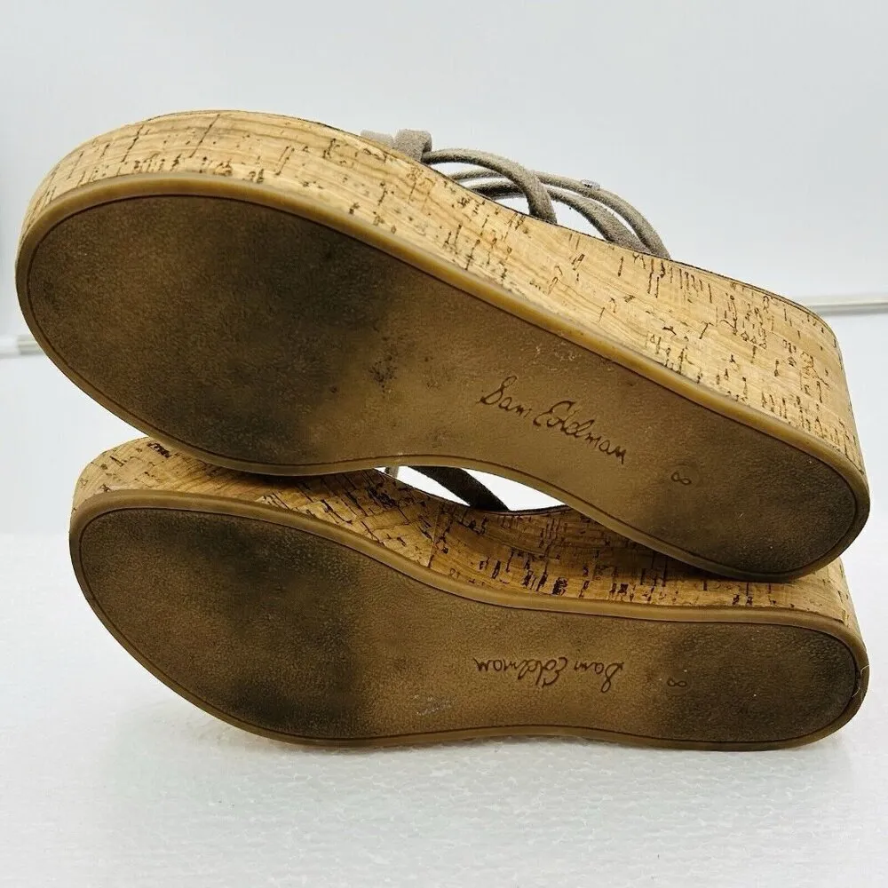 Sam Edelman Sz 8 Reana Taupe Suede Strappy Boho Neutral Earthy 3" Wedge Sandals - Image 9