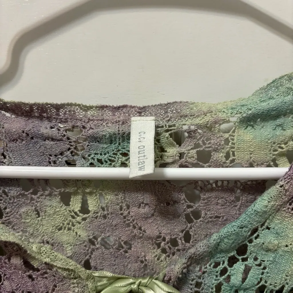 Y2K Lacey Multicolor Tie Front Sheer Top Green Size XS - Image 4