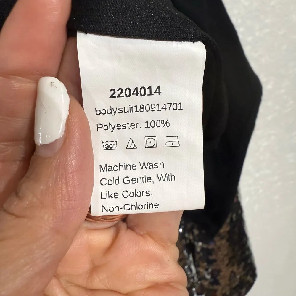 Silver Sequin Deep Plunging Bodysuit Sz XL - Image 5