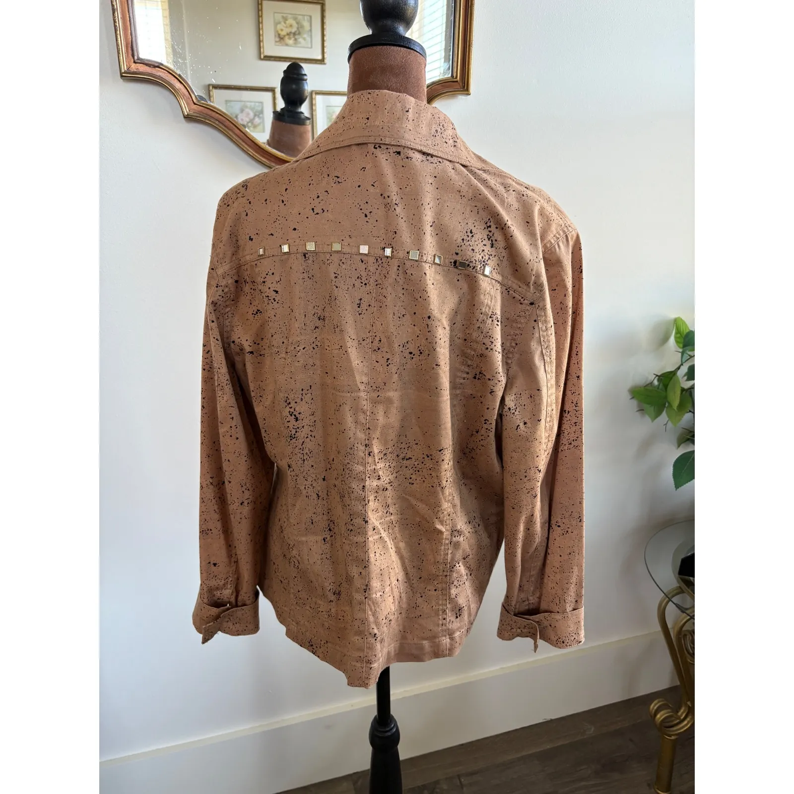 Very Vera Women XL Beige Black Speckled Studded Button Up Blazer Jacket Tan - Image 3