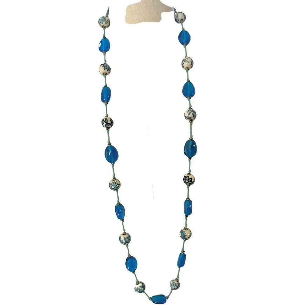 Blue hand painted beaded long necklace on cord - Image 8