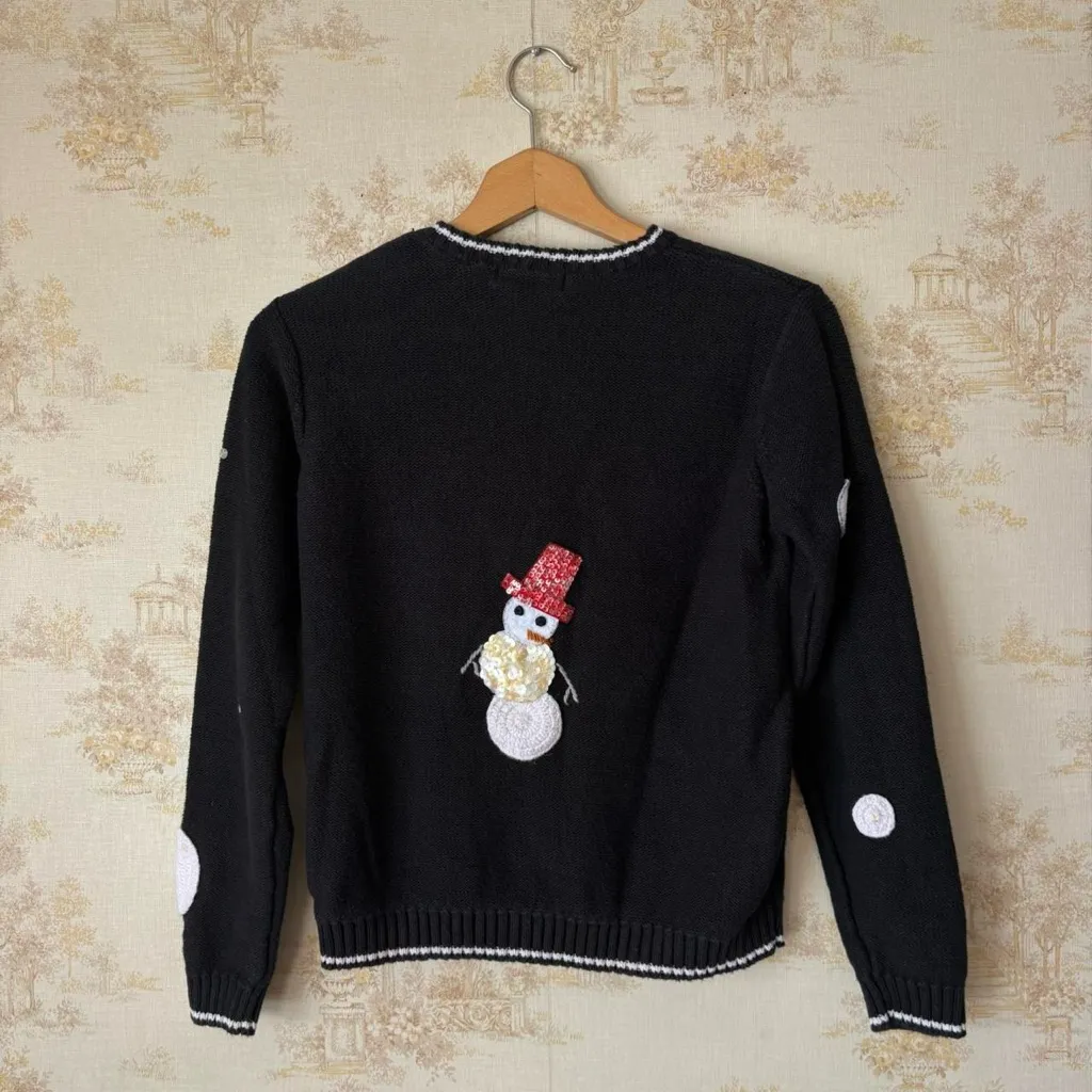 Vintage black sequin snowmen Christmas polka dot winter holiday cardigan sweater - Image 5