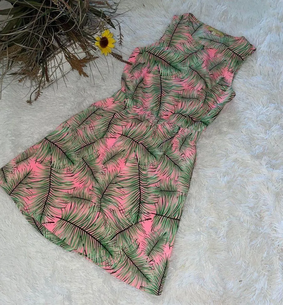 Palm Leaf Mini Dress Neon Pink x-small sleeveless cut back opening - Image 2