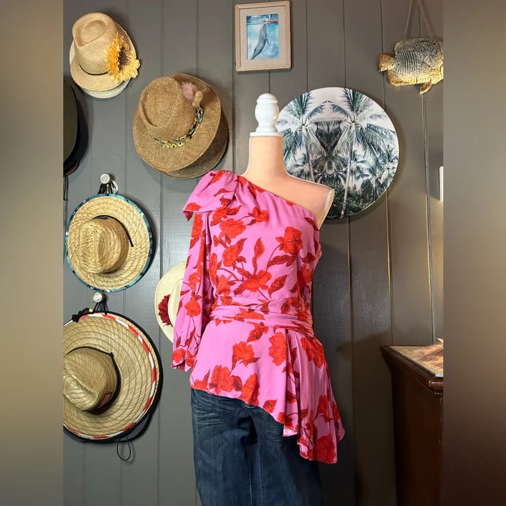 Karlie Pink Hibiscus One Shoulder Blouse Large - Image 3
