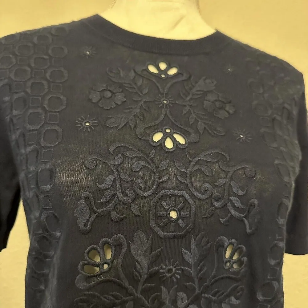 Tory Burch Blue Channing Eyelet Embroidered Short Sleeve Shirt Sz XS Extra Small - Image 4