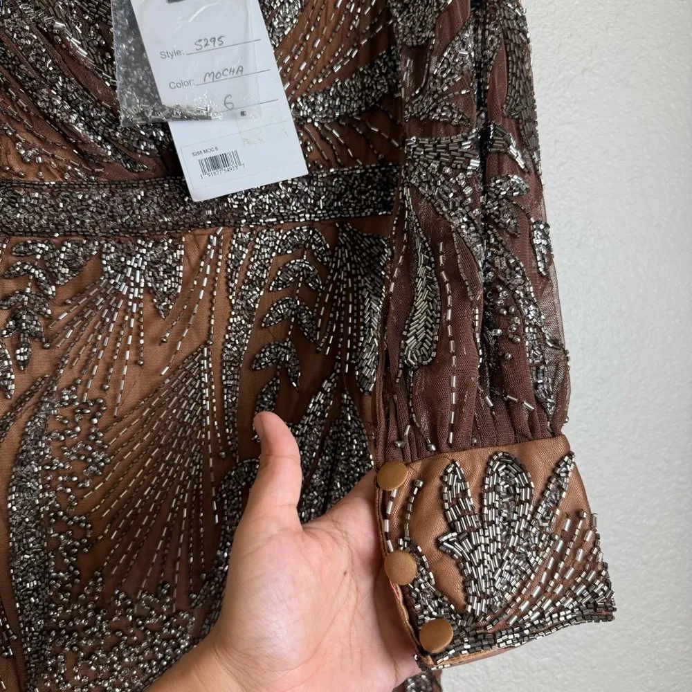Mac Duggal Mocha Brown Beaded Long Sleeve Tulle Midi Cocktail Dress - Image 9