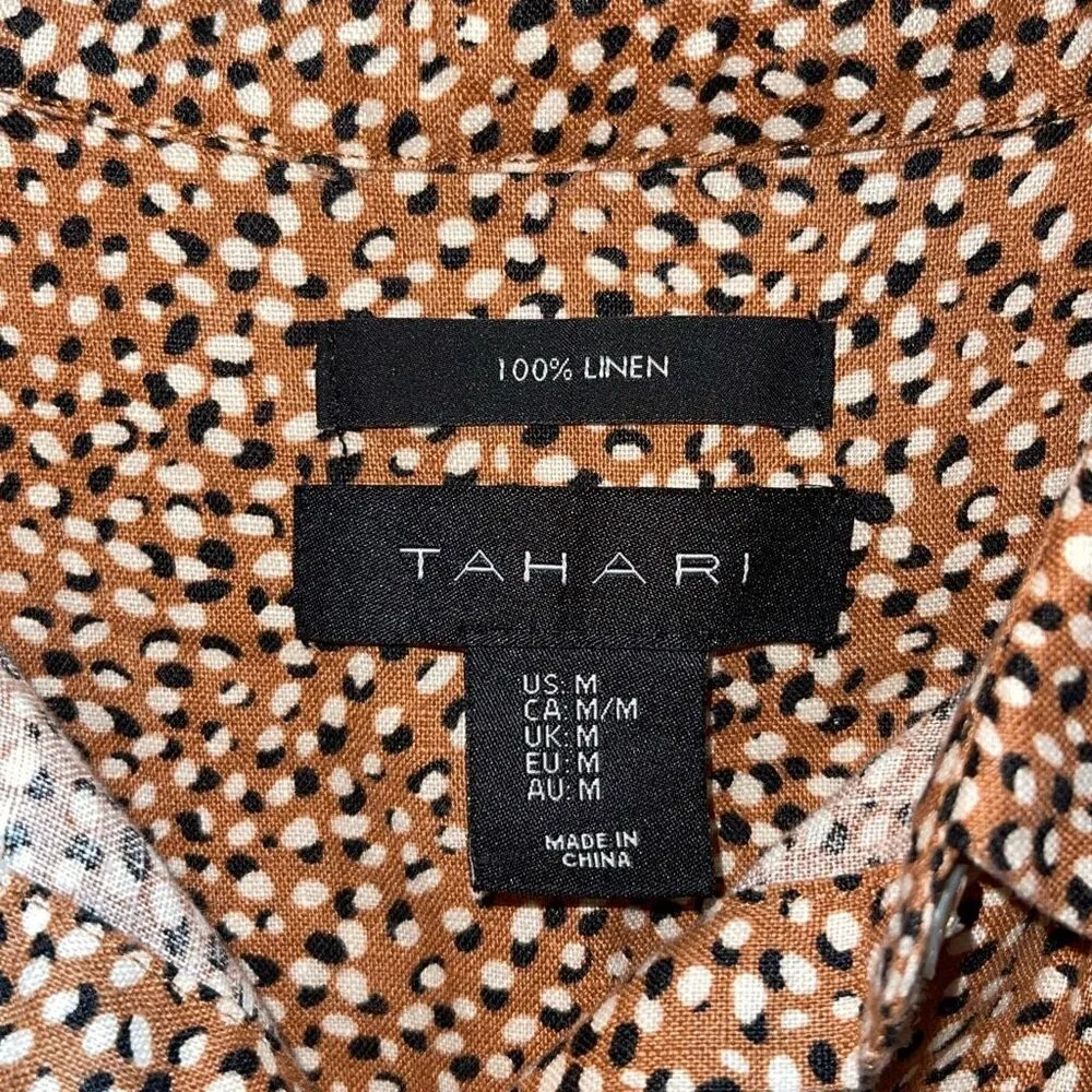 Tahari 100% Linen Shirt Dress Brown White Animal Print Breathable Women’s Medium - Image 5