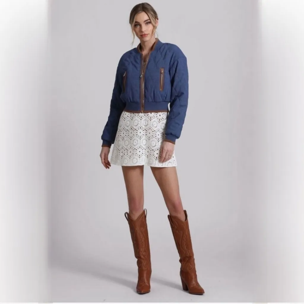 7 For All Mankind Quilted Bomber Jacket Blue Chambray Size Large - Image 14