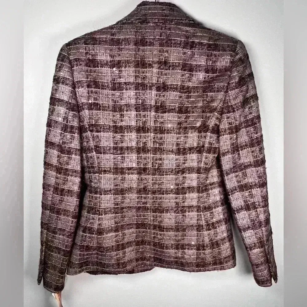 Votre Nom Wool Blend Plaid Tweed Blazer Plum Pink Sparkle Women’s Size 6 - Image 8
