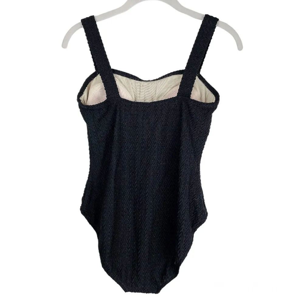 Vtg Y2K Mainstream Black Textured One Piece Swimsuit Sz 12 Sweetheart Neckline - Image 2