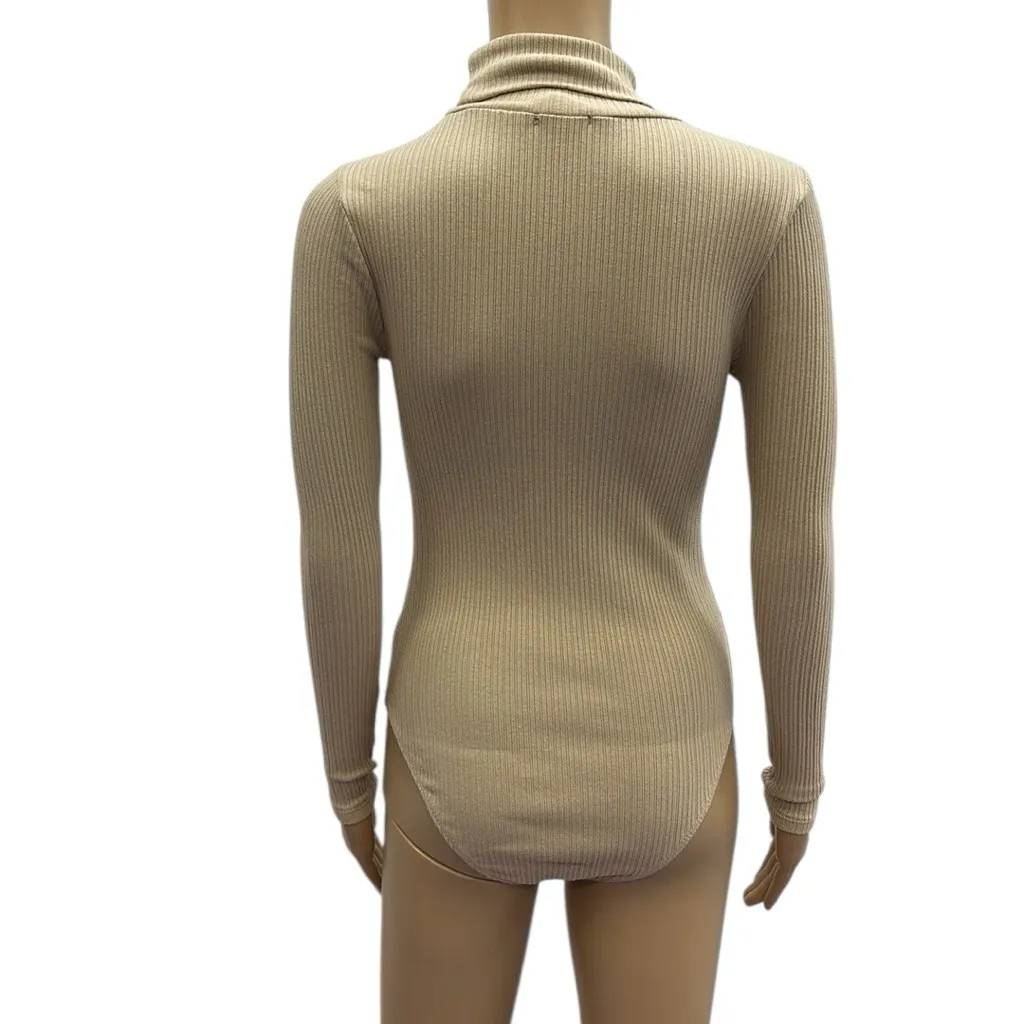 Ambiance Khaki Long Sleeve Ribbed Turtleneck Stretchy Bodysuit Top Women Small Tan - Image 7