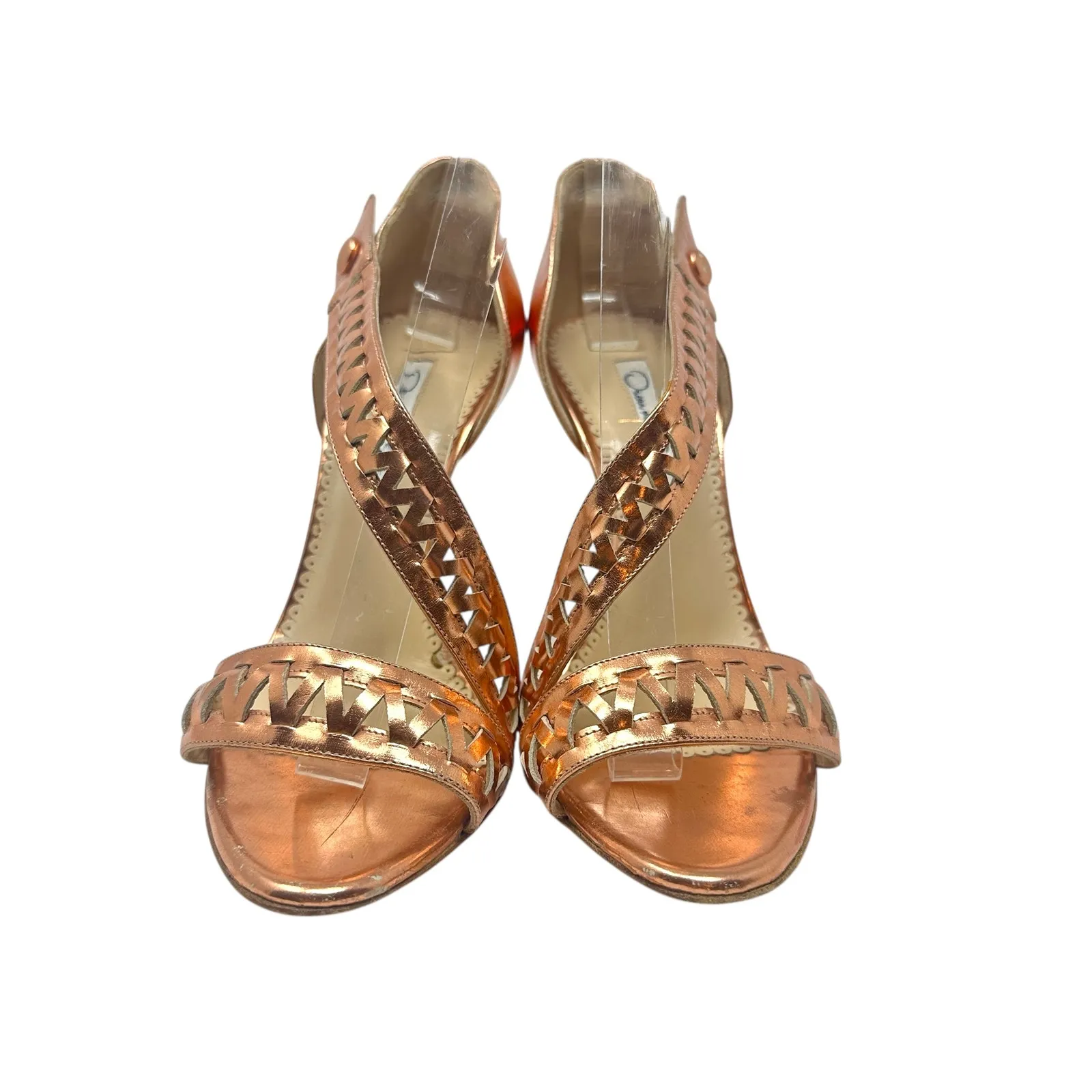 Oscar de la Renta High Heel Sandals Leather Braided Metallic Rose Gold 37 US 7‎ - Image 3