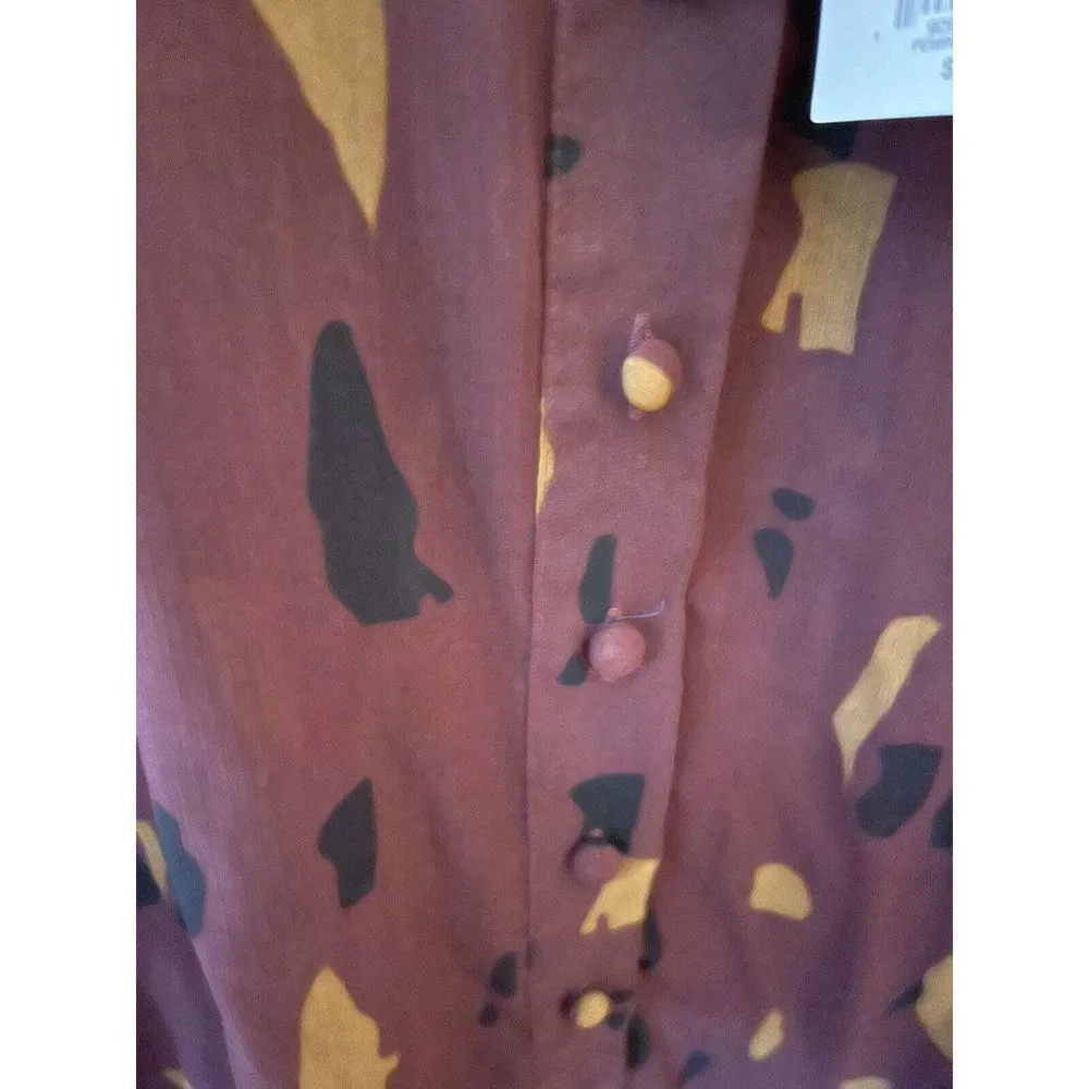 Nine West Womens Small Shirt Long Sleeve Button Down Wine Printed Semi Sheer NEW - Image 4