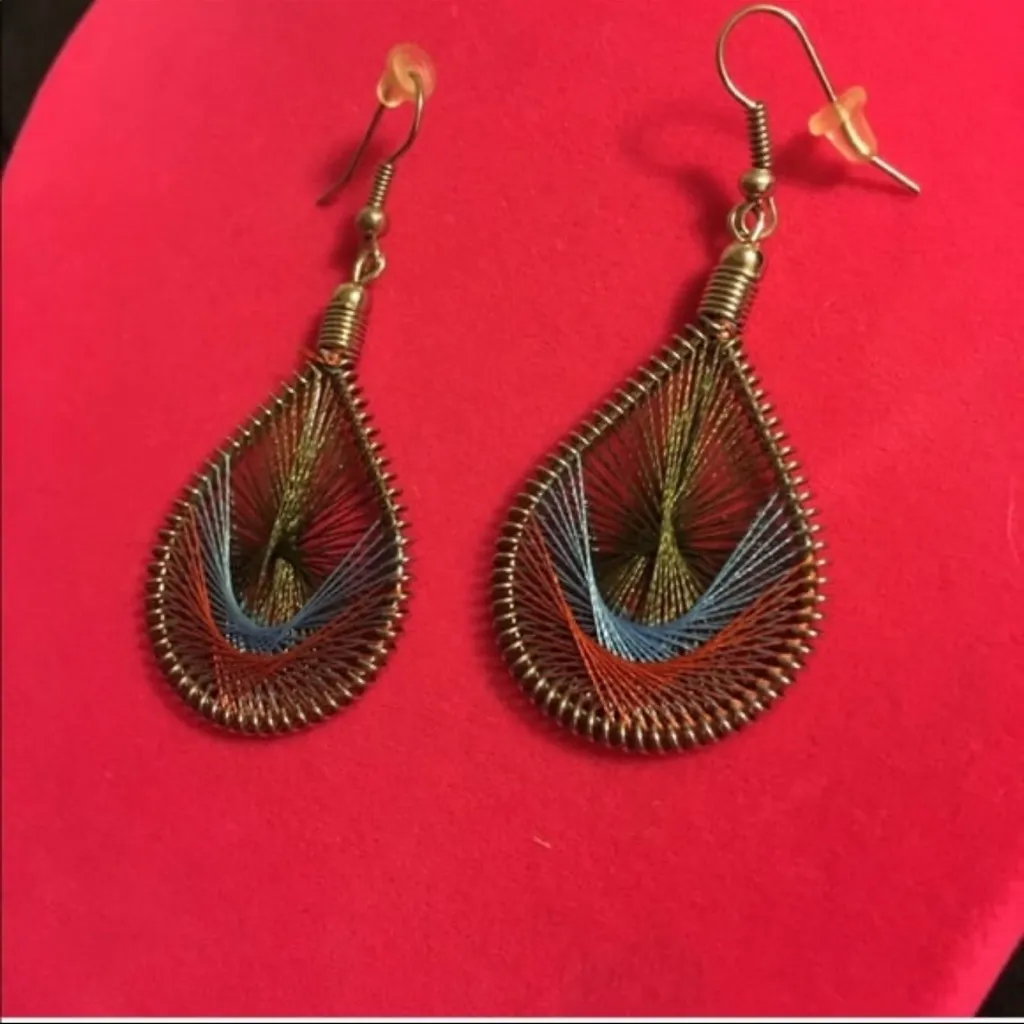 Y2K Threaded Teardrop Dangle Earrings Boho Festival Drop | Multicolor Thread Art Blue - Image 3