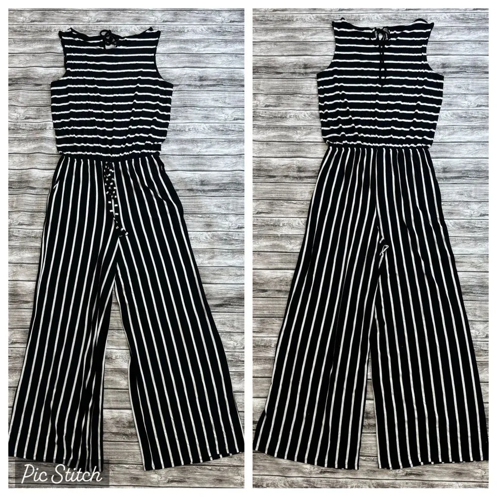 Zenana Women's Black White Striped Jumpsuit Romper Pockets Tie XL Extra Large - Image 3