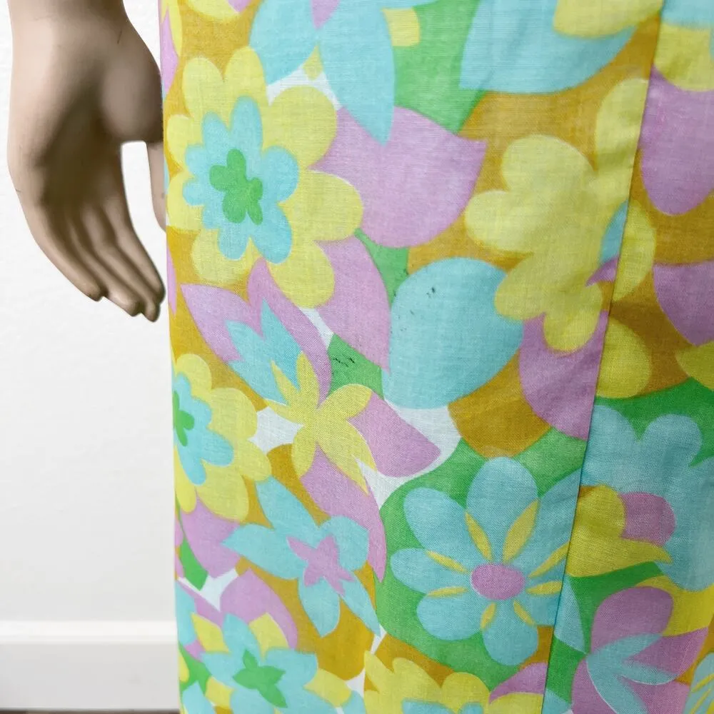 [Vintage] 60s 70s Cream Mock Neck Groovy Floral Print Bow Maxi Dress Sz Medium M Green - Image 9