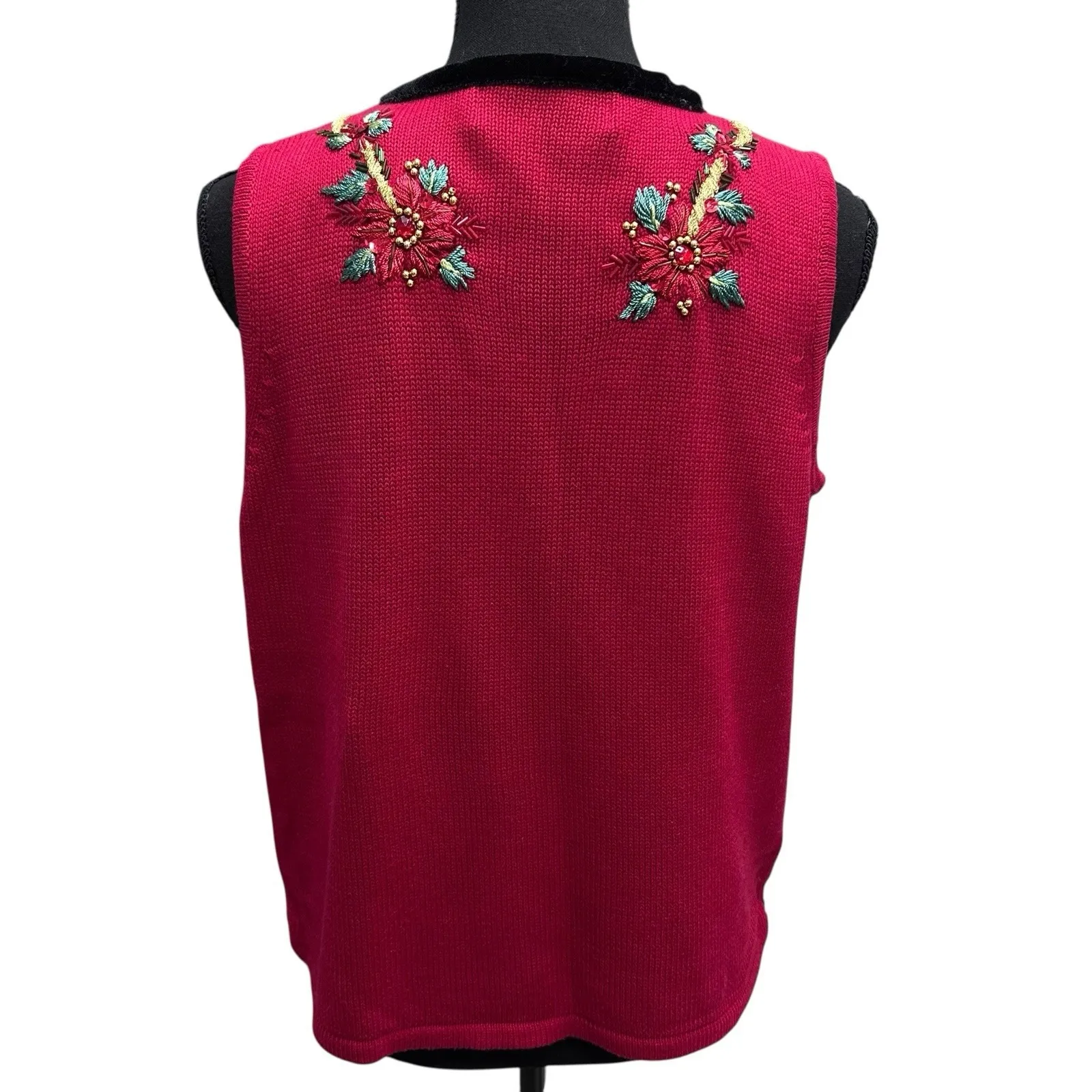 Vintage Theme Works Christmas Embroidered & Beaded Vest Cardigan Size PM Red - Image 3