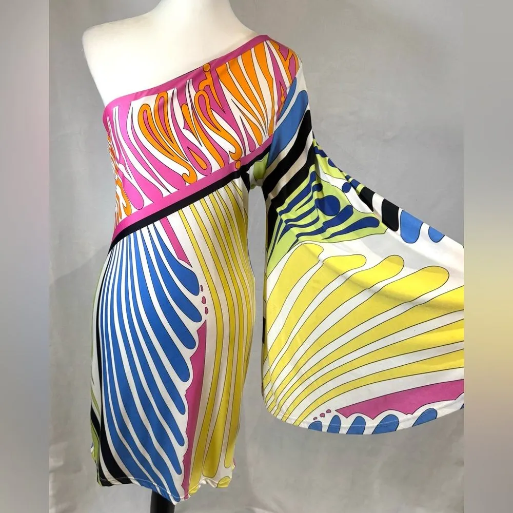 Analili stunning colorful one shoulder flare abstract retro bodycon dress medium - Image 4