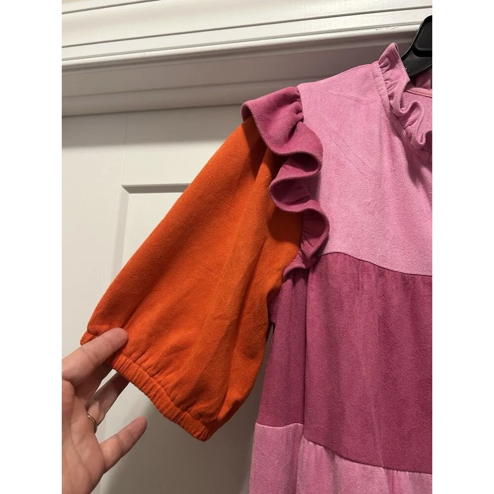 Boy Tiered Suede Feel Peasant Dress Women’s Size Small pink Purple Red Stripes - Image 4