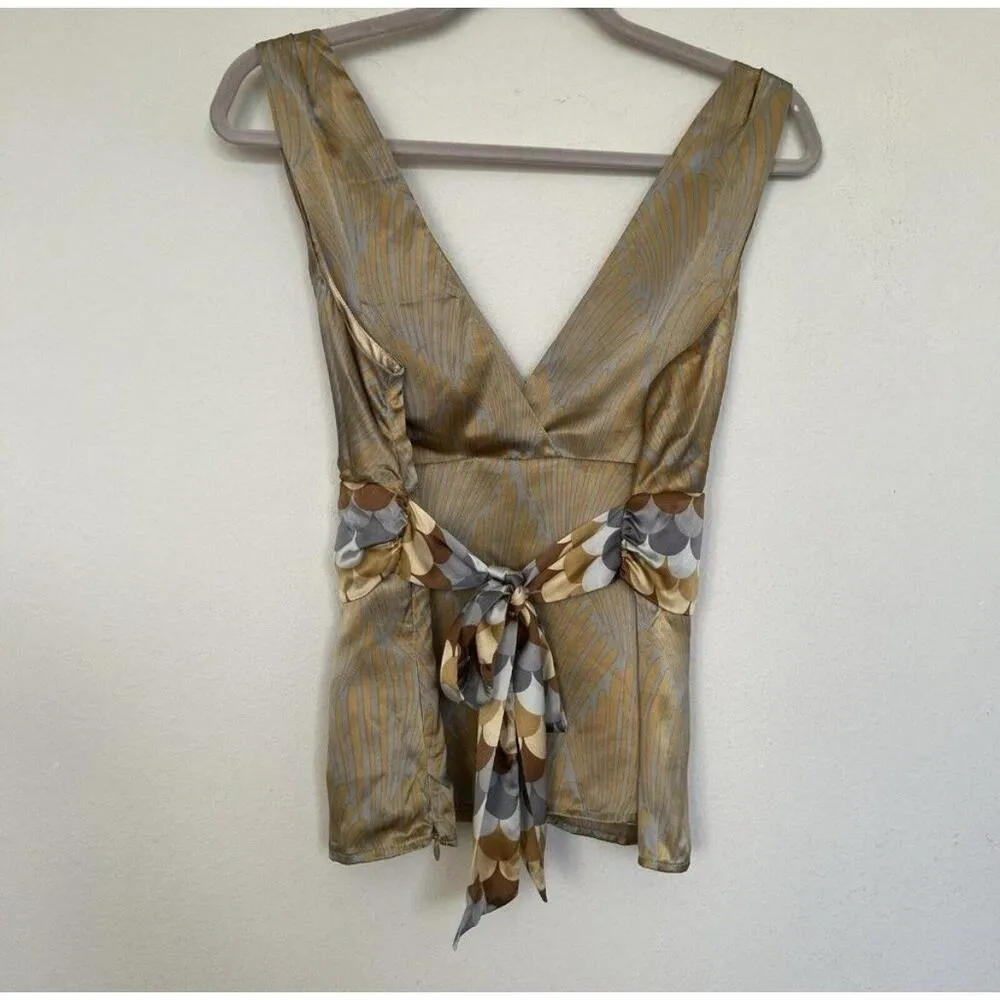 ALICE & TRIXIE SILK Blouse top LARGE geometric Tie Back tan Beige Womens - Image 7