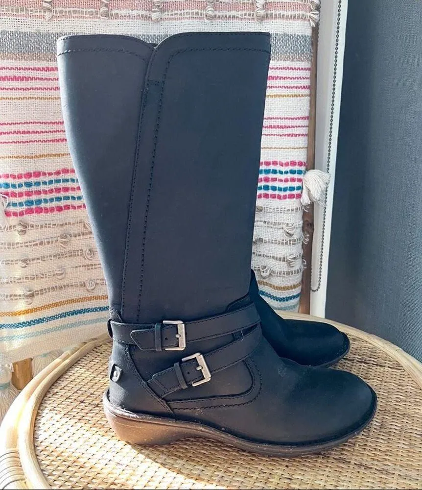 UGG Rosen Black Shearling Lined Tall Leather Winter Boots Women’s 6 - Image 2