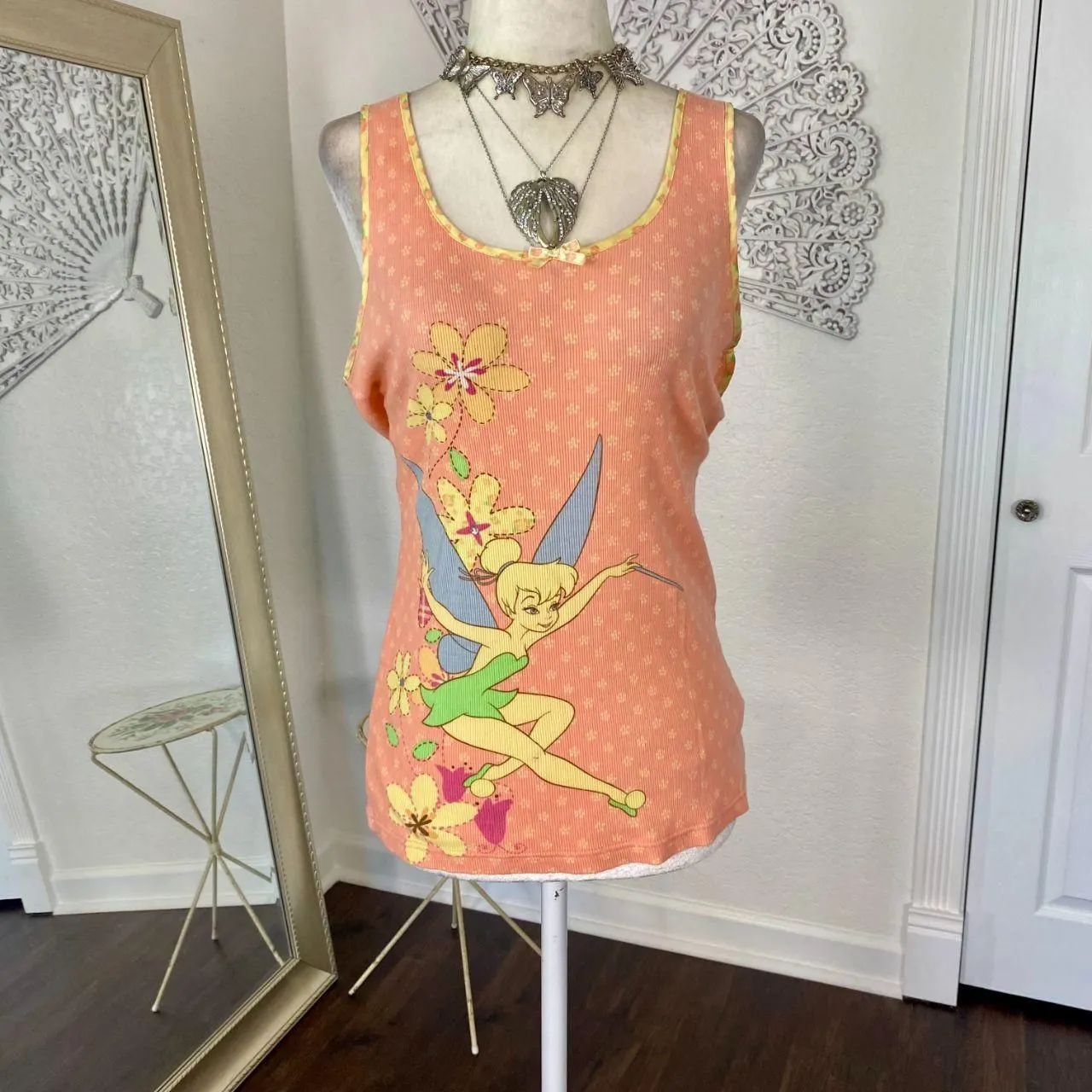 Disney Early 2000's Orange Yellow Flower Bow Tinker Bell Fairy Cami Top L / XL - Image 6