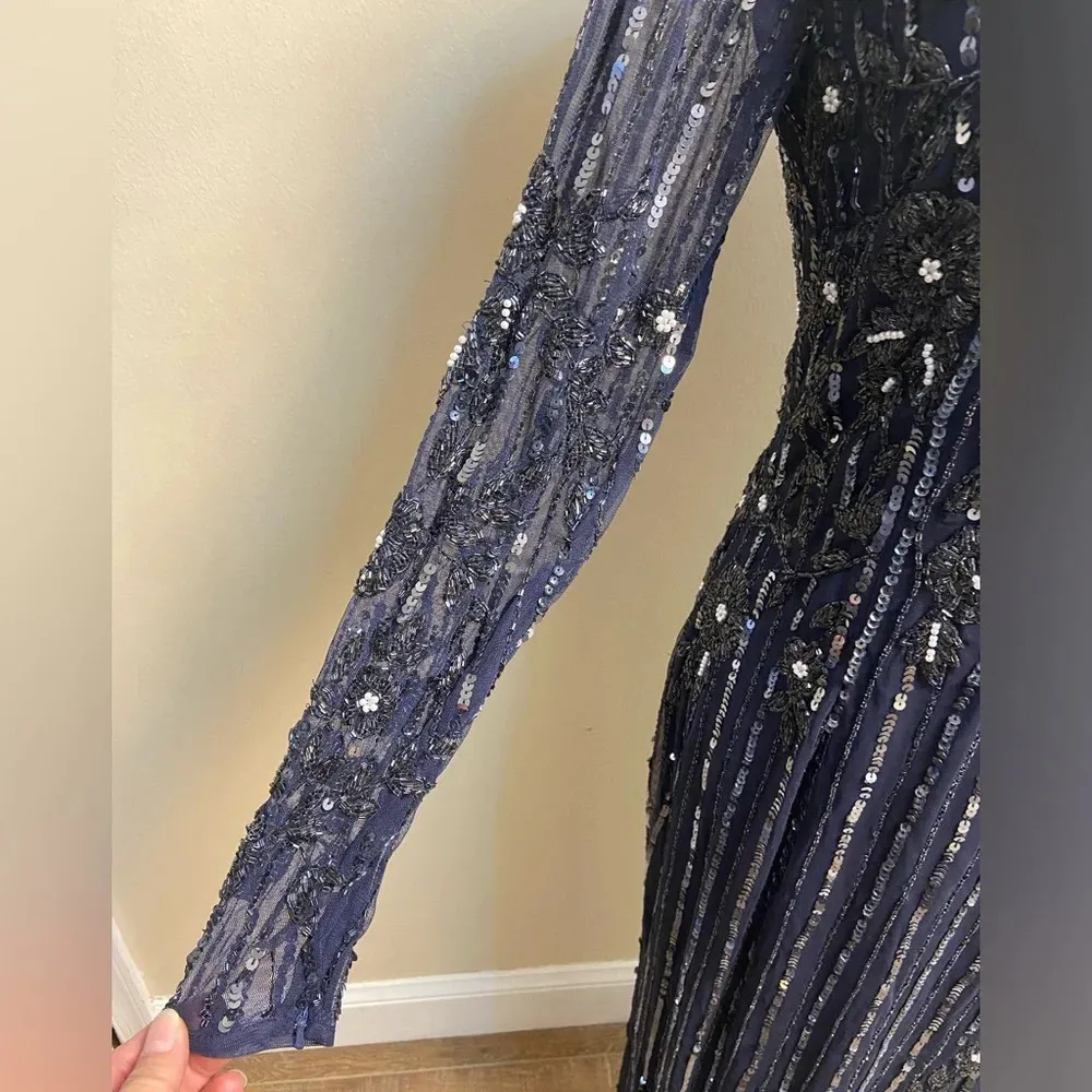 Mac Duggal sequin formal dress high neck illusion navy formal cocktail Sz‎ 8 NWT - Image 9