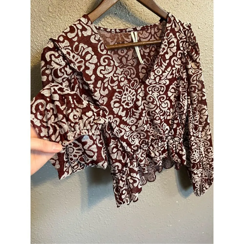 By Anthropologie Jacquard Peasant Blouse Sz Small Wine Color Cropped - Image 2