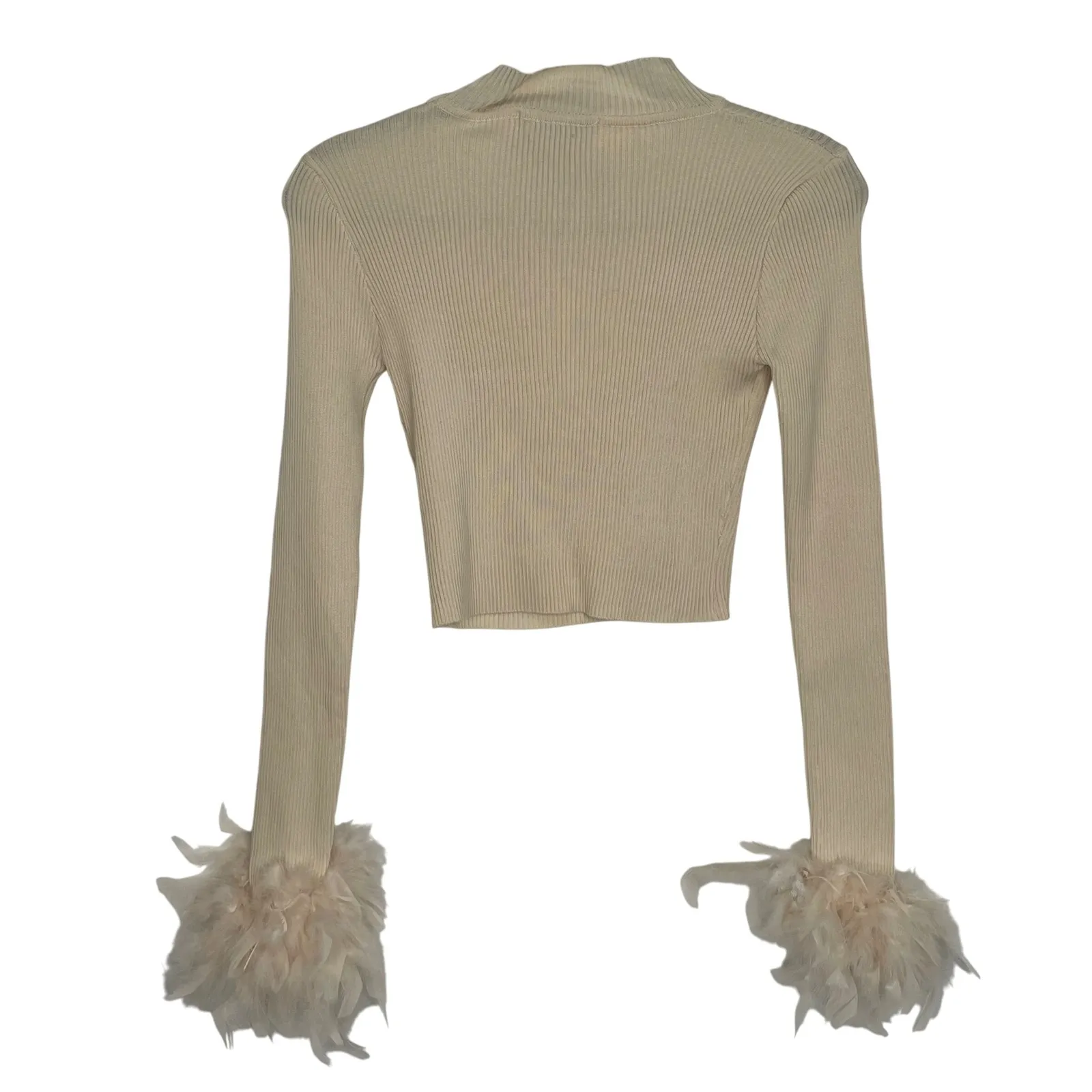 Patricia Forgeal LMLULU Paris Feather Cuff Ribbed Mock Neck Crop Top Sweater XS Tan - Image 2