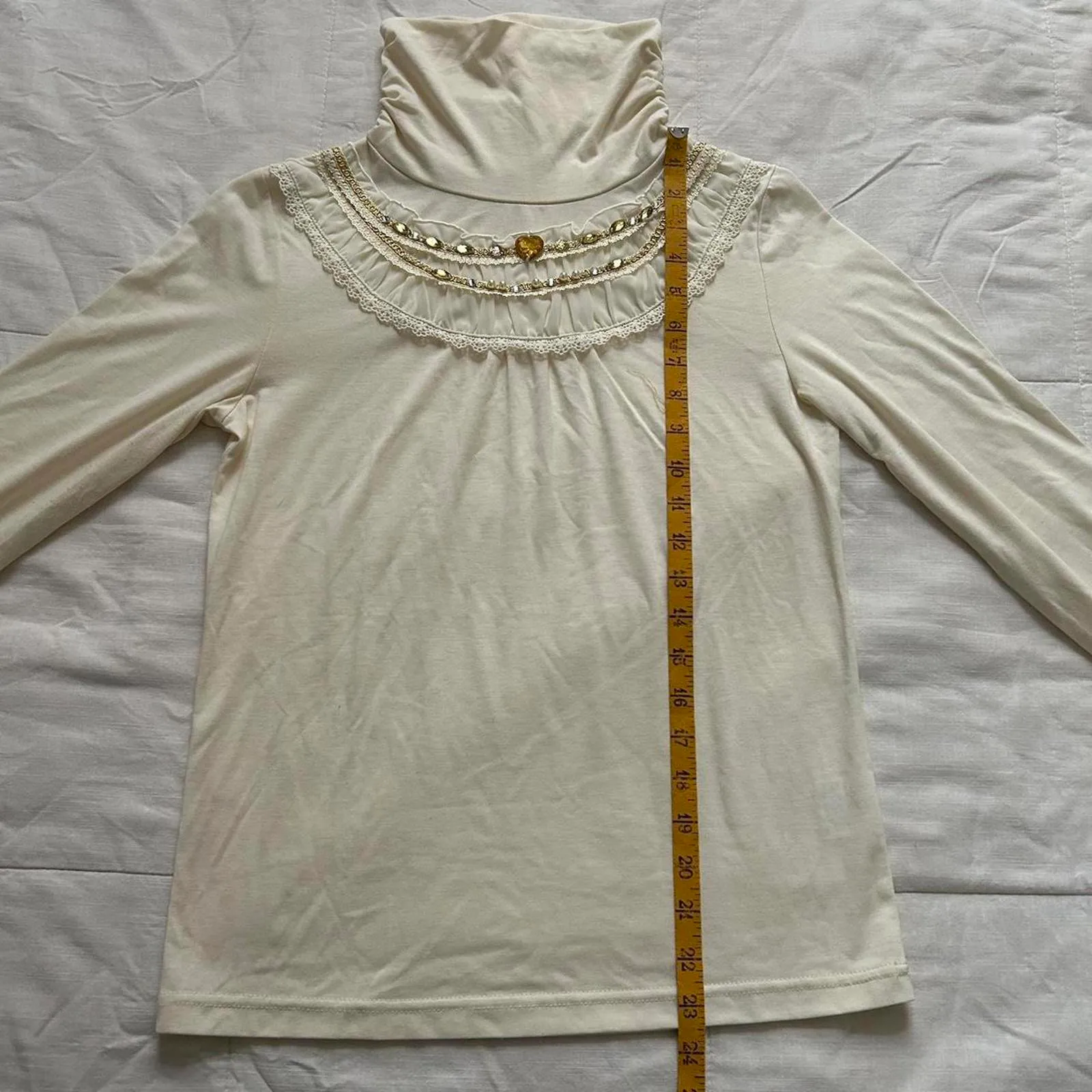 Axes Femme Cream white long sleeve turtleneck top with pearl diamante neckline Size M - Image 7