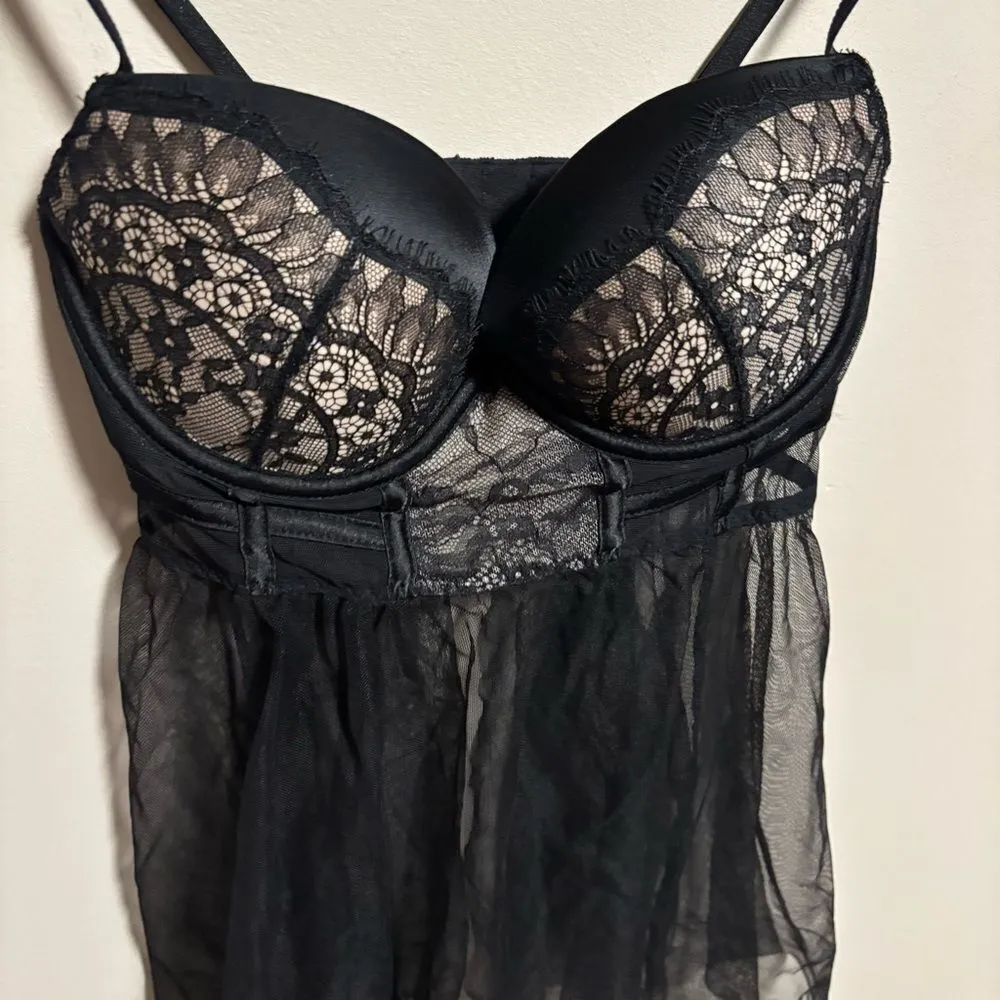 Victoria’s Secret Black Lace Push Up Babydoll Top Mesh Split Slip Teddy Size 32D - Image 2