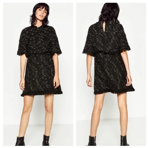 Zara Black Fringe Tweed Textured Knit Wide Sleeve Aline Mini Dress Medium - Image 2