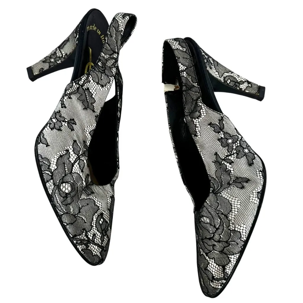 Vintage YSL Black Lace Slingback Pumps Size 7.5 Yves St Laurent - Image 4
