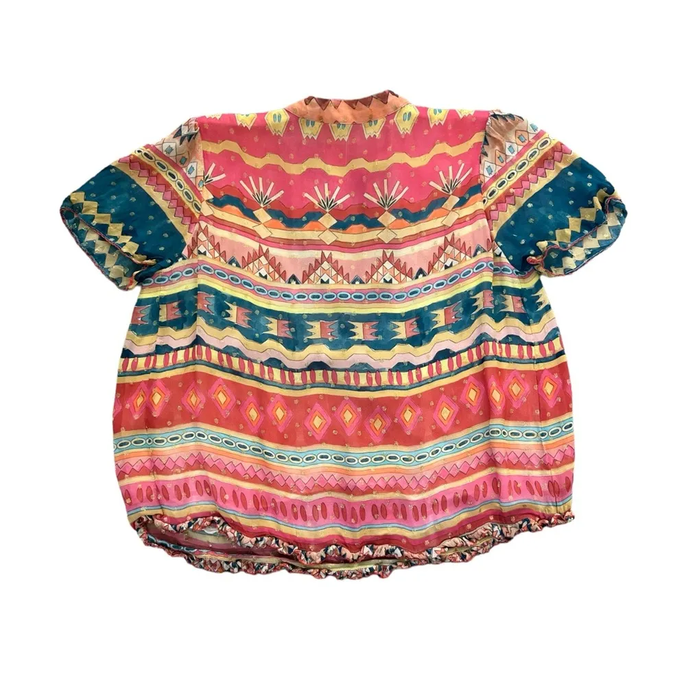 Chufy Memories of Peru Abstract Short Sleeve Tassel Blouse | XS - Image 3