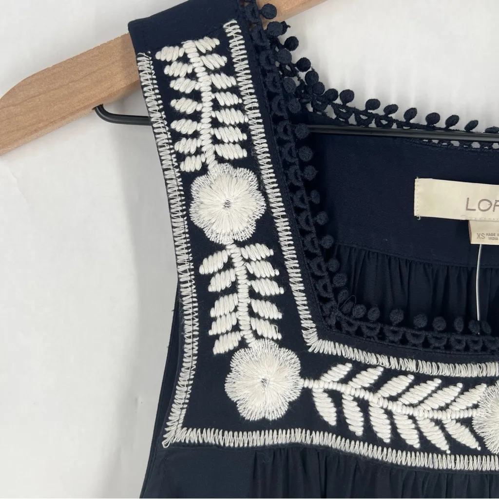 LOFT‎ Navy Square Neck Sleeveless Top with White Floral Embroidery Tank Size XS - Image 3