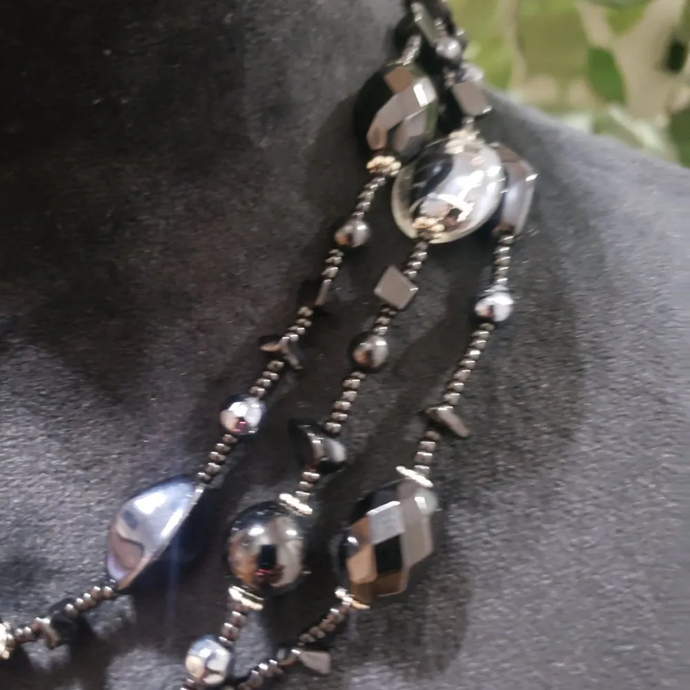 Womens Triple Strand Black Tone Gun Metal Beads Choker Necklace w/ Lobster Clasp - Image 2
