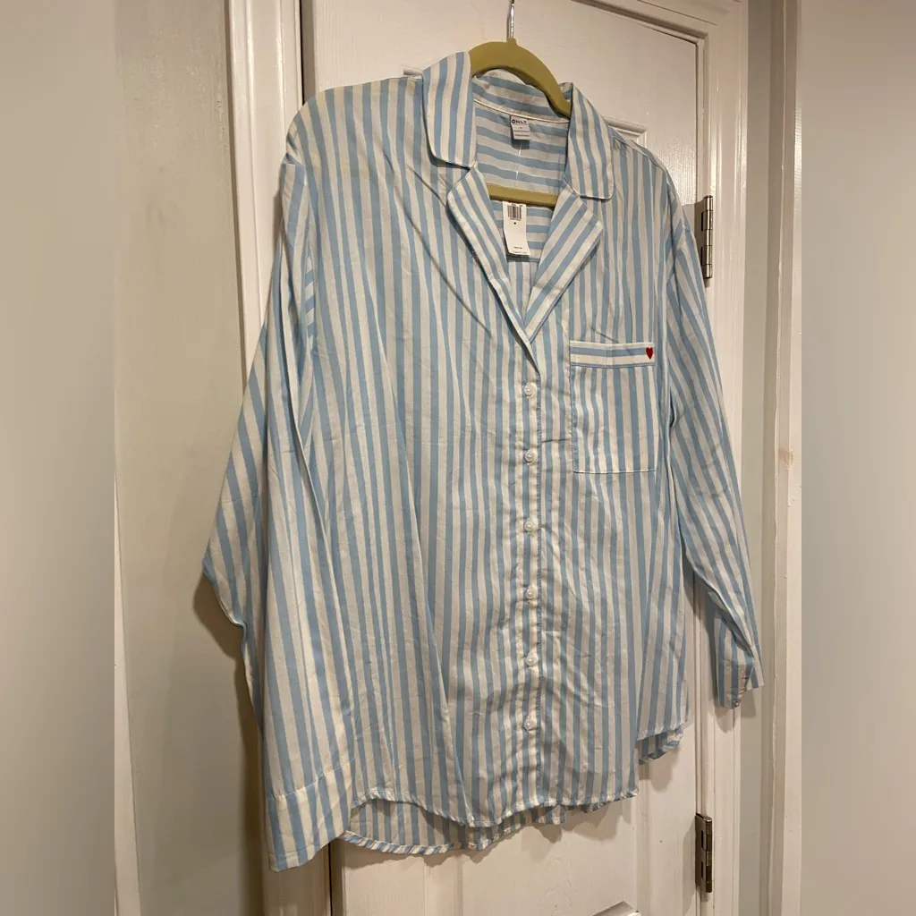 Old Navy NWT  Size M Blue White Stripe Long Sleeve Button Front Pajama Top - Image 6