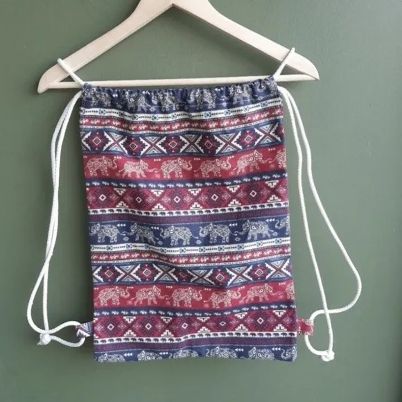 J.M. Bangkok Canvas Backpack Drawstring Gym Bag Ethnic Bohemian w/zip Pocket Blue - Image 5