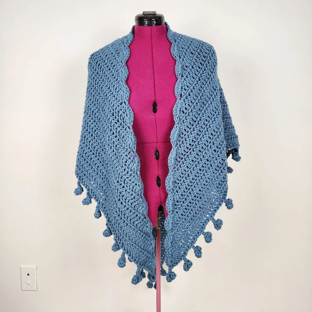 New Handmade Crochet Triangle Shawl Blue Pom Pom Wrap Boho Chic Ponch Size undefined - Image 16