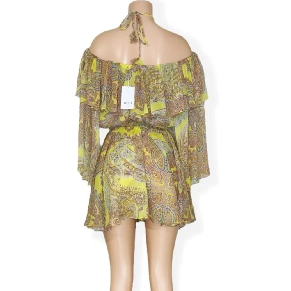 Misa Pamela Off Shoulder Mini Dress in Ischia Neon Yellow Paisley Size S NWT - Image 6