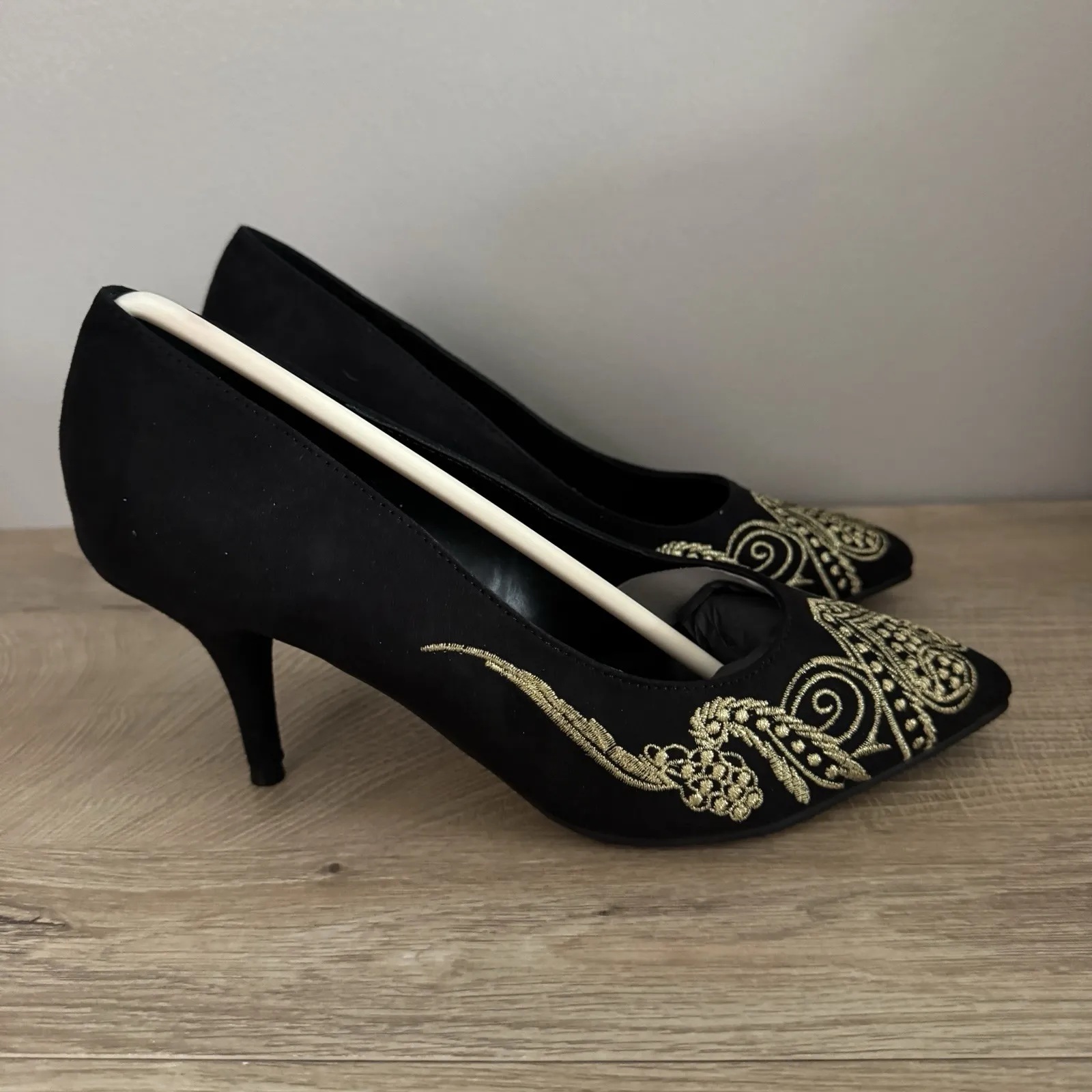 Simply Be Black Gold Embroidered Heels Clutch‎ Set Womens 7 Party Wedding Guest - Image 2