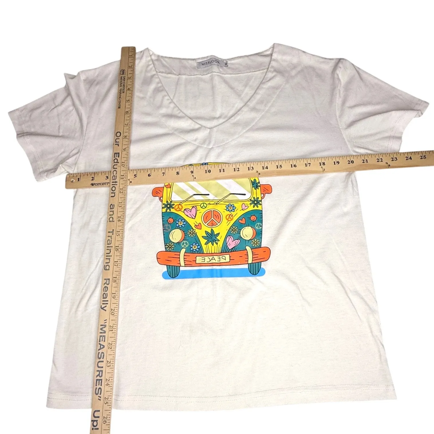 Misslook Peace Hippie Van Beach Bus GRAPHIC TEE Women's MED White V - Image 7