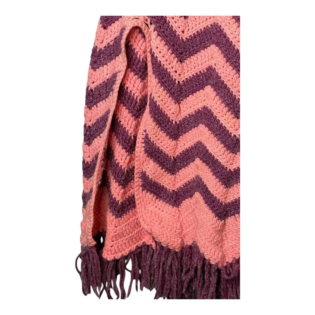 Vintage Pink Purple Chevron Crochet Fringe Cape Poncho Cardigan‎ One Size Size undefined - Image 4