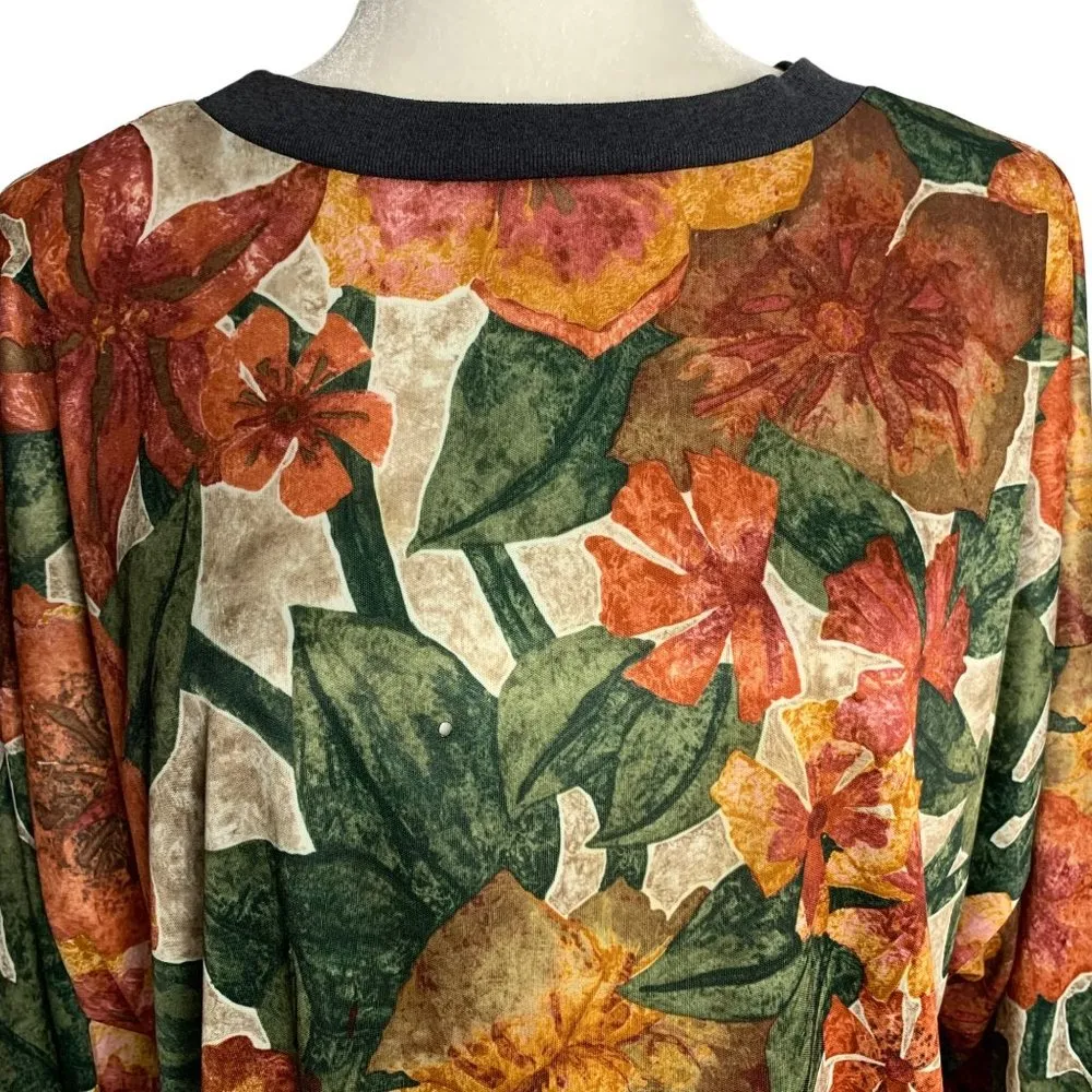 Vintage Box Office Pullover Floral Top XL Green Orange Long Sleeve Ribbed Trim - Image 2