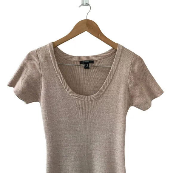 Forever 21 Nude Pink Side Slit Ribbed Short Sleeve Silhouette‎ Dress Size M - Image 4