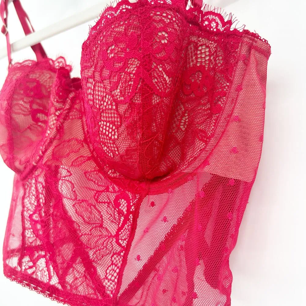 INC International Concepts Lace Pointelle Mesh Bustier Corset Longline Bra Large Red - Image 4