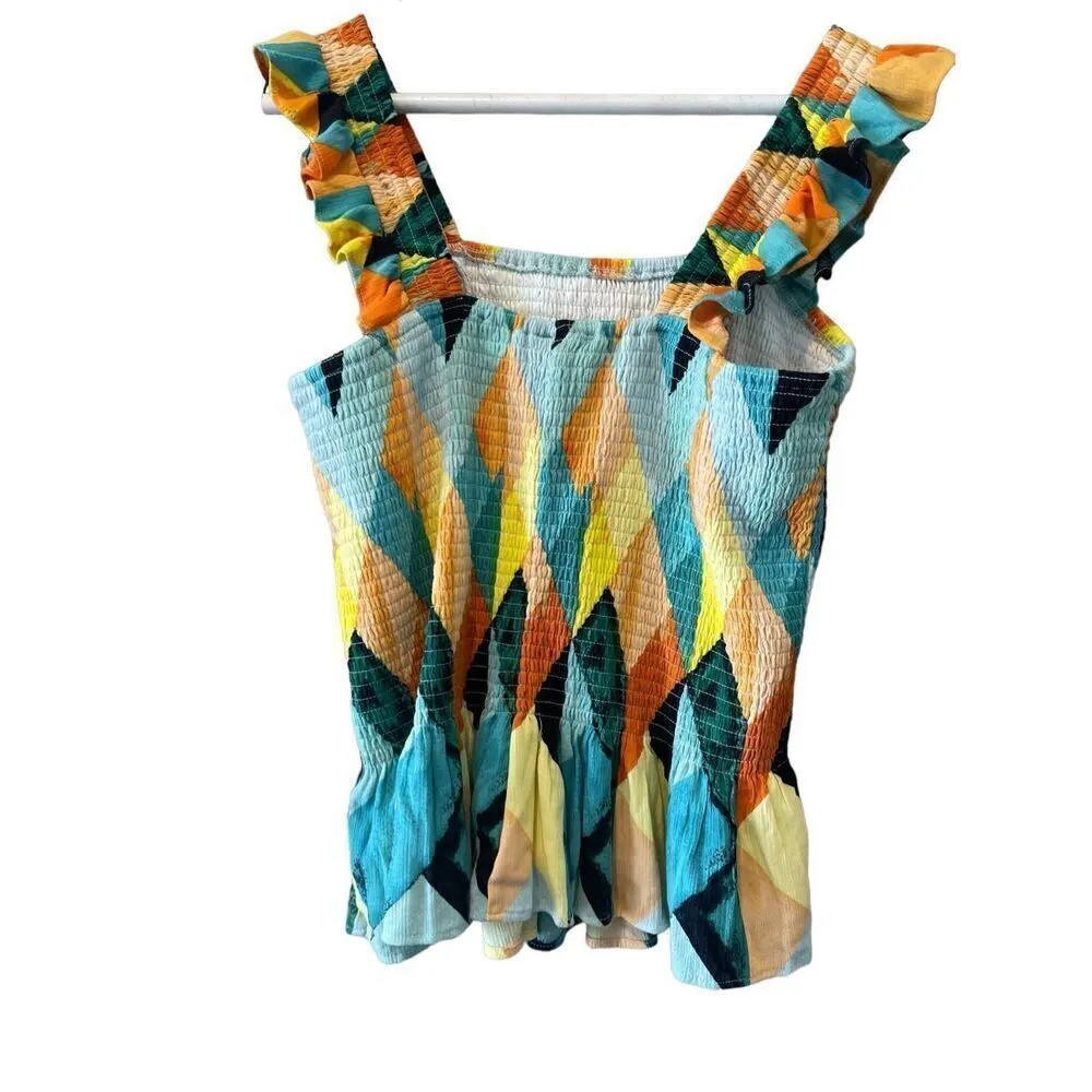 Torrid Blouse Womens 1X 14 16 Geo Multicolor Peplum Crinkle Gauze Tank Smocked - Image 6